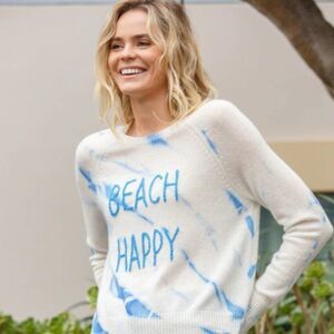 [ Golden Sun ] Beach Happy Crew neck cashmere sweater S/M blue cream shibori tie
